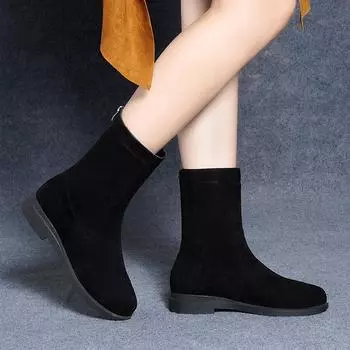 Suede boots women s 2024 autumn and winter new low-heeled thick-heeled cotton boots flat-bottomed medium boots Korean version velvet thickened warm 35