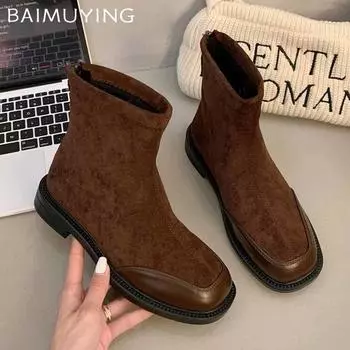 Suede Chunky Woman Ankle Boots Designer Fashion Casual Walking Shoes 2024 Winter New Trend Cozy Dress Eleglant Goth Botas Mujer 35 чёрный