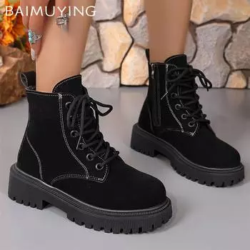 Suede Chunky Women Ankle Boots Retro Lace Up Mid Heels Shoes 2025 Trend New Designer Gladiator Winter Motorcycle Botas De Mujer 35 чёрный
