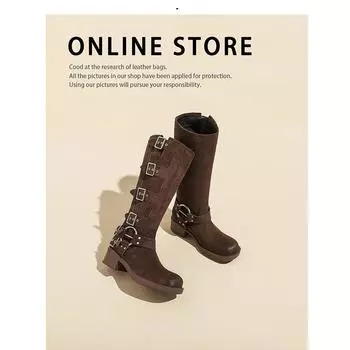 Suede Cow Anti-Suede Vintage Knight Boots Belt Buckle Tall but Knee Boots Brown Western Cowboy Boots 35