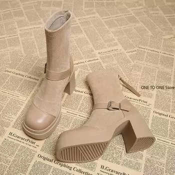 Замшевые высокие каблуки на платформе женские ботильоны модные зимние ботинки трендовая обувь зимние новые массивные модные зимние ботинки Zapatos Mujer 35 песочный
