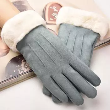 Suede Ladies Gloves Warm and Stylish In Autumn and Winter Cute Korean Version of Touch Screen Plus Velvet Padded Riding. One size