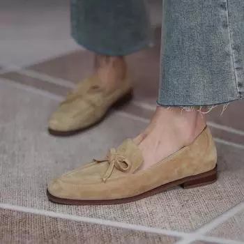 Замшевые мокасины женские туфли на плоской подошве с бантом-бабочкой из натуральной кожи балетки на плоской подошве женские мокасины кожаные туфли 4 верблюд