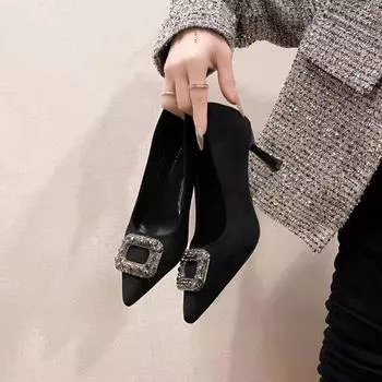 Suede not tired feet temperament pointed square buckle single shoes 2025 spring new thin heels black high heels women s autumn rhinestones 34