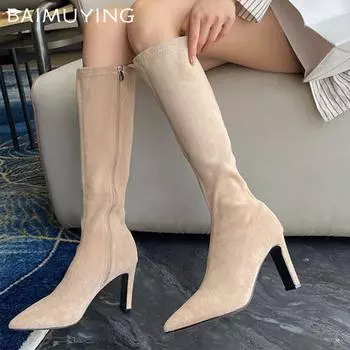 Suede Pointed Toe Women High Boots Sexy High Heels Shoes 2025 Trend Designer Pumps Knee High Winter New Chelsea Botas De Mujer 35 абрикосовый