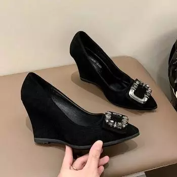 Suede Pointed Toe Women Shoes Fashion Wedges Shallow Shoes Woman Trend Autumn New Brand Designer Casual Sexy Mujer Zapatos 35