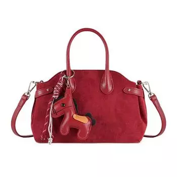Suede Pony Hanging Boston Bag Same Style as Stars Light Luxury Bowling Bag Portable Shoulder Dual-Use Bag Wedding Bag Red