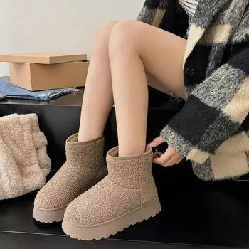 Suede Retro Women s Thick-soled Boots Casual Party Snow Boots 2026 New Designer Brand Round Toe Wool and Nude Short Boots 36