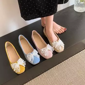 Suede rhinestone bow low heel shallow beanie shoes women s summer sweet and comfortable one-pedal casual flat shoes 35