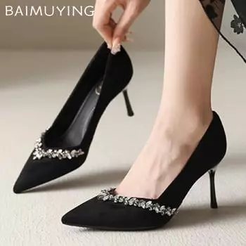 Suede Shallow Women Shoes Crystal Pointed Toe High Heels Elegant Pumps 2025 Trend Fashion Dress Party Winter Mujer Zapatillas 34
