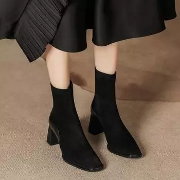 Suede short boots women s new autumn and winter zipper thick heel Martin boots square head thin Chelsea single boot splicing 35