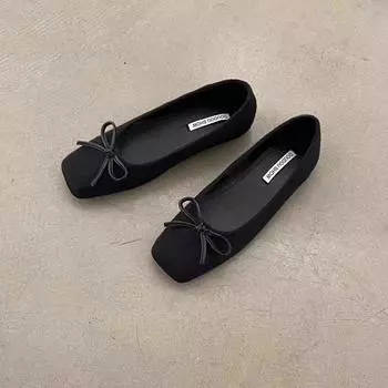 Suede square head bow single shoes women s early spring new gentle evening breeze Mary Jane Doudou shoes women s skirt 35 чёрный