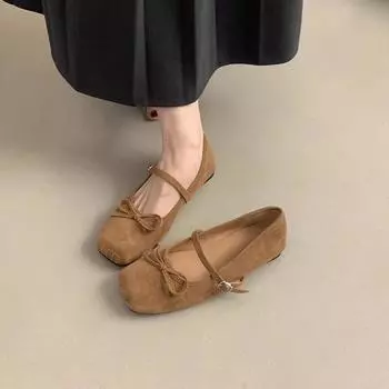 Suede square head shallow mouth single shoes female autumn new French evening wind fairy retro gentle ballet flat bottom Mary Jane 35 красный