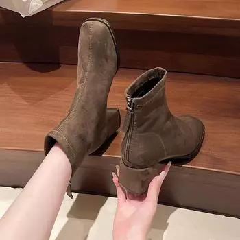 Suede Square Heel Martin Boots Fleece Fashion Boots 2024 Autumn and Winter Elastic Thin Single Boots High Heel Short Boots 35