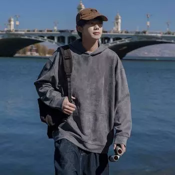 Замшевый свитер мужской осенний новый американский модный бренд тяжелый однотонный с капюшоном парное пальто для мужчин M