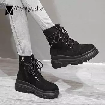 suede thick bottom snow boots women rope lace up platform botines winter wedges muffins ankle boots western booties mujer c851 4.5 серый