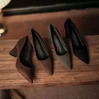 Suede thick heel single shoes high heels women s new pointed versatile banquet temperament 34