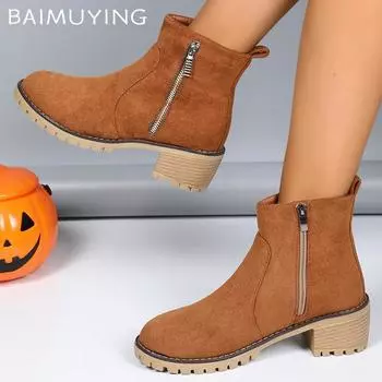 Suede Women Ankle Boots Mid Heels Designer Shoes Chunky Chelase Boots Trend Winter Pumps Classic Designer New Botas Mujer 36