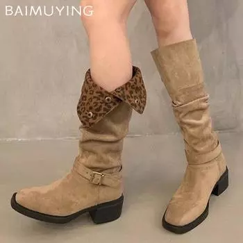 Suede Women High Boots Chunky Knee High Mid Heels Shoes Winter Woman 2024 Trend New Goth Fashion Pumps Snow Chelsea Botas Mujer 35 коричневый