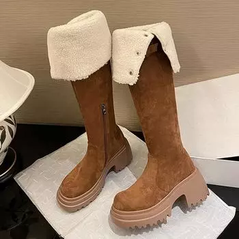 Suede Women High Boots Chunky Platform Knee High Shoes Pumps Winter 2024 Trend New Fashion Warm Plush Snow Botas Woman Shoes 35
