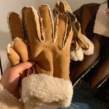 Suede Women s Cold-Proof Electric Car Five-Finger Gloves Light brown gloves All yards