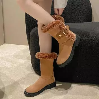 Suede Work Ladies Snow Boots Black Mid Calf Round Toe Half High Elegant with Medium Heels Brown Female Shoes Spring 2024 Padded 35