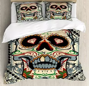 Sugar Skull Duvet Cover Set,Sugar Killer Calaveras Framework Day of The Dead Vintage Gothic Design Print,Skull Bedding Set 70x133cm 2pcs
