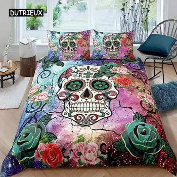 Sugar Skull Duvet Cover Teen Girl Bedding Set Sugar Skull Decor Bedding Skull Skeleton Roses Floral Print Duvet Cover Decorative EU single(135x200cm)