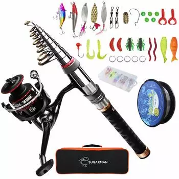 Sugarman Fishing Carbon Telescopic Fishing Spinning and Fishing for Includes Storage Bag and Japanese for Sea Fishing Set, 1.8M Rod, Reel, Bait, Line,