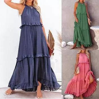 SUGAW свободное длинное платье, летние женские повседневные элегантные рюши с лямкой на шее без рукавов, женские наряды для вечеринок, пляжные платья макси, зеленый халат с завязками XL