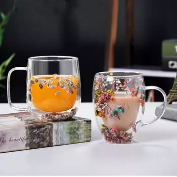 Сухоцветные Двойные Стенки Прозрачного Стекла Кофейные Кружки Двойная Изолированная Стеклянная Чашка Для Горячих Холодных Напитков Чашка Для Капучино Латте Эспрессо 350ml-380ml