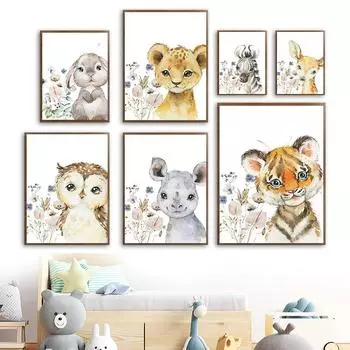 Сухоцветы Тигр Зебра Лиса Олень Енот Кролик Лев Настенные художественные постеры Печать Скандинавская картина на холсте Животные Фотографии Детская комната 21cm30cm NoFrame