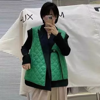 Suit collar down vest women s outer wear 2024 winter new lightweight diamond warm white duck down vest tide S чёрный