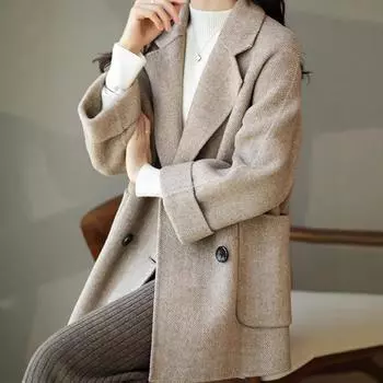 Suit Collar Temperament Woolen Women s Autumn and Winter New Herringbone Woolen Coat Loose and Thin Coat Versatile Small Man M