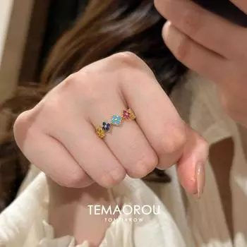Suitable for Summer ~ Colorful Four-Leaf Flower Pendant Tassel Earrings Pierced-Ear-Caring Ear Studs Female Suitable for Square and round Face Opening colorful four-leaf flower gold ring single