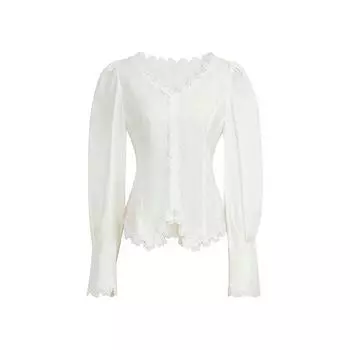 Suk Nanyang Gold! French Romantic Lace V-neck Patchwork Gigot Sleeve Waist-Tight Slim Looking Temperament Shirt Women White S
