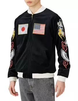 Sukajan КУРТКА ИЗ БАРХАТА СУВЕНИРНАЯ черная [Хьюстон](НАЦИОНАЛЬНЫЙ ФЛАГ) Мужской чёрный