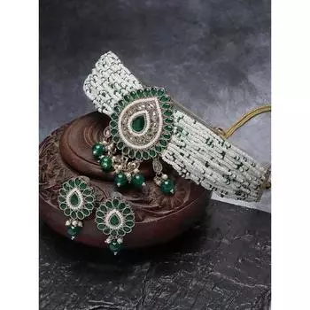 Sukkhi удивительный позолоченный зеленый каплевидный комплект из многорядного колье-колье с шипами и бусинами в форме капли для женщин