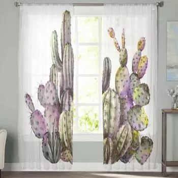 Суккуленты кактус акварельные прозрачные шторы спальня вуаль занавеска гостиная окна прозрачные шторы кухня тюлевые шторы 135W x 114H(cm)