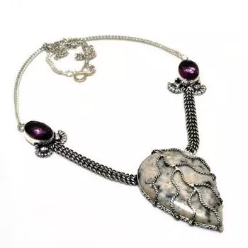 Сумасшедший кружевной агат, аметист, драгоценный камень 925, посеребренное ювелирное ожерелье, 18 дюймов 18 белый