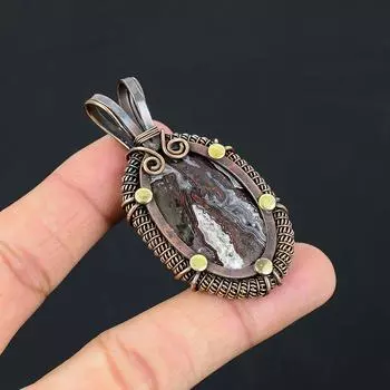 Сумасшедший кружевной агат, драгоценный камень, чистая медная проволока, обернутая подвеской ручной работы, ювелирные изделия 2.36 Inches коричневый