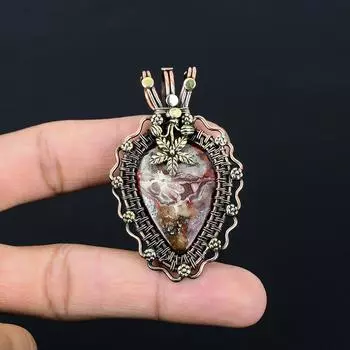 Сумасшедший кружевной агат, драгоценный камень, кулон ручной работы из чистой медной проволоки, завернутый в ювелирное изделие ко Дню памяти 2.56 Inches коричневый