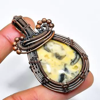 Сумасшедший кружевной агат, драгоценный камень, кулон ручной работы из медной проволоки, ювелирное изделие 2,17 дюйма 2.17 белый