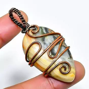 Сумасшедший кружевной агат, драгоценный камень, кулон ручной работы из медной проволоки, ювелирное изделие 2,17 дюйма 2.17 белый