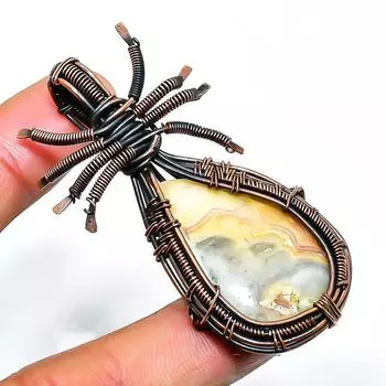 Сумасшедший кружевной агат, драгоценный камень, кулон ручной работы из медной проволоки, ювелирное изделие 2,17 дюйма 2.17 белый