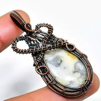 Сумасшедший кружевной агат, драгоценный камень, кулон ручной работы из медной проволоки, ювелирное изделие 2,17 дюйма 2.17 белый