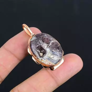 Сумасшедший кружевной агат, драгоценный камень, медные украшения ручной работы, удивительный кулон для нее 1.77 Inches коричневый