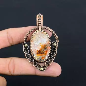 Сумасшедший кружевной агат, драгоценный камень, ювелирные изделия ручной работы, кулон из чистой медной проволоки, обернутый на День памяти 2.91 Inches жёлтый