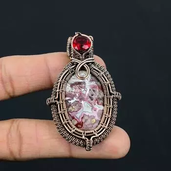 Сумасшедший кружевной агат и гранат, драгоценный камень, ручная работа, обертка из чистой медной проволоки, свадебные украшения, подвеска 2.56 Inches розовый