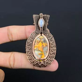 Сумасшедший кружевной агат и лунный камень, драгоценный камень, кулон ручной работы из чистой медной проволоки, ювелирное изделие 2.56 Inches жёлтый
